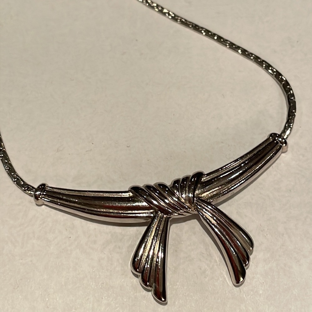 Silver Bow Ribbon Statement Necklace 18”